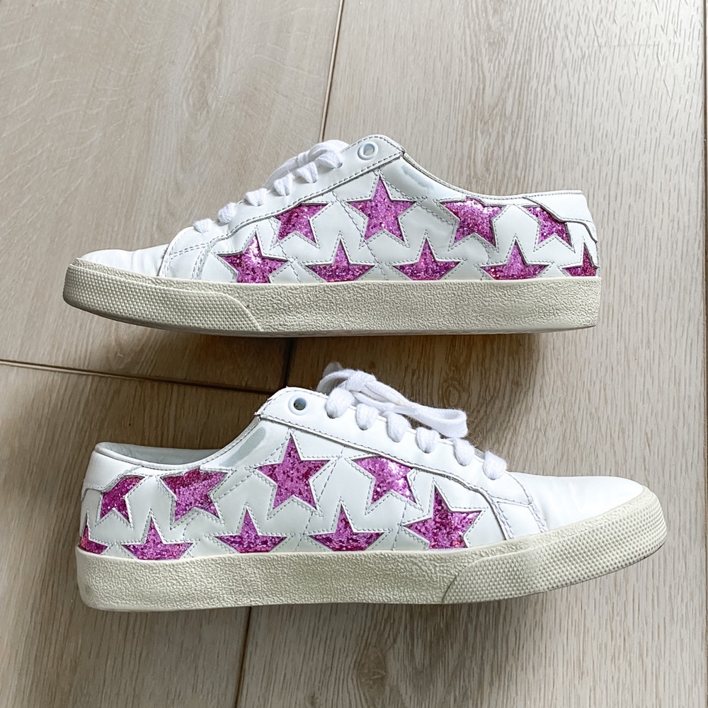 AUTH YSL WHITE PINK GLITTER SNEAKERS + LACES & BAG, SIZE 7.5/8